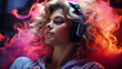Portrait of a Beautiful Woman in Headphones Listening to Music and Enjoying a Good Mood in Neon Ligh