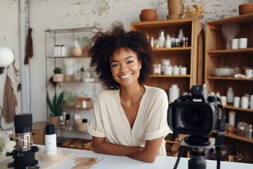 Black female beauty blogger. Female vlogger is showing cosmetics products while recording video