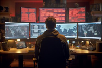 Hacker back view computer cyberspace security criminal technology burglar coding internet fraud danger virtual virus information password safety web network software privacy spyware stolen spam attack