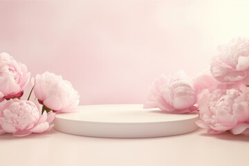 Wall Mural - Product podium with pink peonies in spring pastel colors for product presentation. Mockup for branding, packaging
