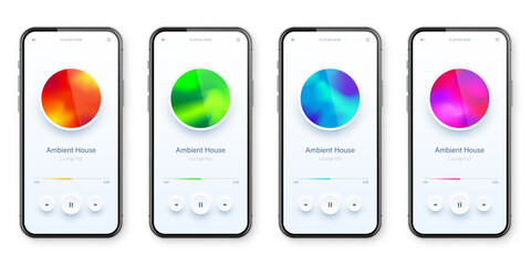 Wall Mural - Online audio player user interface, smartphone app UI design. Music, media streaming and listening platform. Responsive mobile application. Neumorphism, neumorphic style. Vector illustration.
