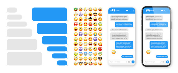 Wall Mural - Smartphone messaging app, user interface design with emoji. SMS text frame. Chat screen with blue message bubbles. Texting app for communication. Social media application. Vector illustration
