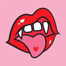 Vector Vampire Isolated On Pink Background, Red Lips With Vampire Fangs And Heart On The Tongue