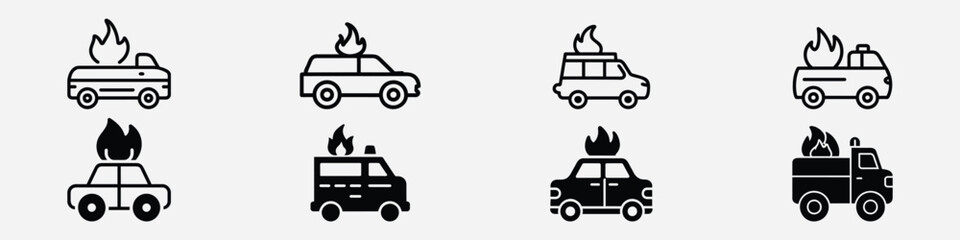 Burning car icon, fire car icon, Car on fire icon in single color. car fired Vehicle insurance Icon, burning car icon, auto in fire, Automotive transportation accident accident burned insurance claim