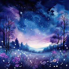 Beautiful purple and blue night scene with meadow background