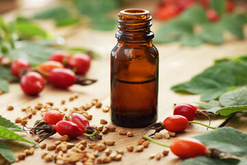 Wall Mural - Rosehip seed oil with fresh red berries on wooden table, closeup, copy space, cosmetics ingredient, face skin care, beauty healthy treatment concept