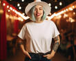 © Amy - tshirt mock up cowgirl:: A curvy hipster alternative woman with tattoos, green hair wears a cowboy hat in a saloon bar. A blank white t shirt mockup. Disco cowgirl bachelorette aesthetic