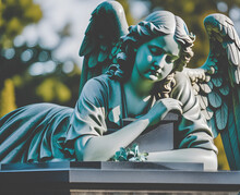 Tragic Sad Angel Statue At The Cemetery, Grave Stone, Generative Ai