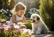Happy Little Baby Girl Plays With Her Dog Puppy In The Garden On Sunny Day