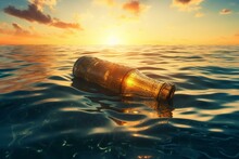 A Bottle Drifts In The Ocean At Sunset. Generative AI