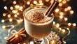 Close-up of a glass of eggnog garnished with cinnamon and nutmeg against a backdrop of twinkling fairy lights.