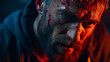 portrait of a man with beard, blood and wound  on his face, emotional, mad and desperate