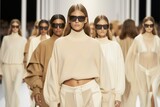 Fototapeta  - Models walk the runway in light black and beige clothing with a normcore style. The clothes feature textured pigment planes and are inspired by the 1970s.