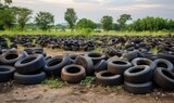 Fototapeta  - A Heap of Discarded Tires Amidst a Dusty Landscape