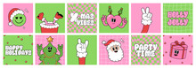 Merry Christmas Groovy Funny Cartoon Posters. Santa Claus, Christmas Tree Gift Box And Heart Character In Trendy Funky Retro Style. Greeting Square Cards, Template, Posters, Prints And Backgrounds.