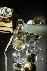 Poster - two champagne glasses reflecting in glass New Year background