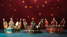 Three Wise Men Crowns On Festive Christmas Background