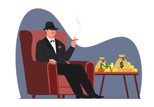 Godfather Mob Boss Sits In Chair With Cigar In His Hand. Man In Black Suit And Hat Smoking, Stack Of Coins And Gold, Dollar Banknotes. Gangster And Rich Man Cartoon Flat Isolated Vector Concept