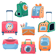 Pet Carriers And Bags. Cats In Different Plastic Transporters With Windows For Muzzles, Travel And Movement With Animals, Bags, Backpacks And Portable Containers Cartoon Flat Isolated Vector Set