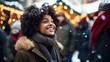 © Hixel - An attractive young black woman standing outside in the snow and enjoying Christmas Market generative ai