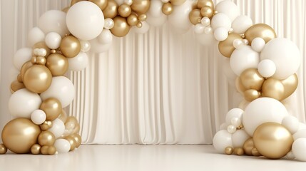 Wall Mural - Generative AI, arch of white and golden balloons. Mock up for wedding, Christmas or other holiday 3d background	