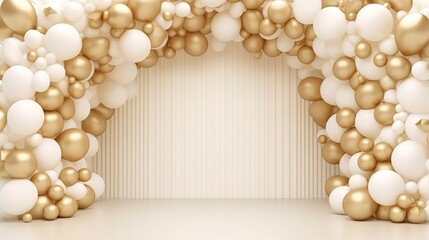 Wall Mural - Generative AI, arch of white and golden balloons. Mock up for wedding, Christmas or other holiday 3d background	