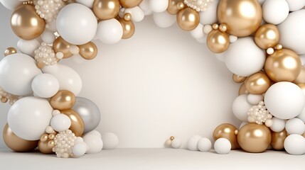 Wall Mural - Generative AI, arch of white and golden balloons. Mock up for wedding, Christmas or other holiday 3d background	
