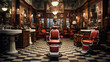 A vintage-inspired barbershop with antique barber chairs, a striped barber pole, and grooming tools on display