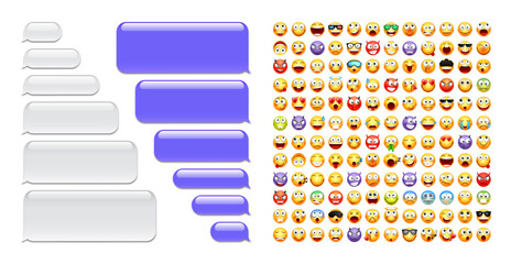 Wall Mural - Blank message bubbles with emoji. Violet chat or messenger speech bubble. SMS text frame. Short message sending. Conversation screen. Social media application. Vector illustration