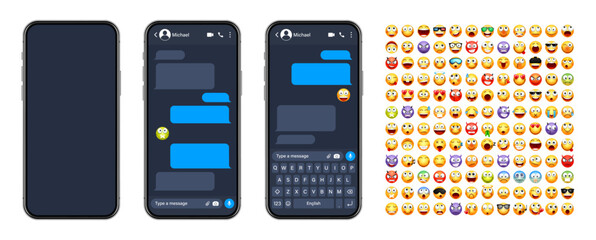 Wall Mural - Smartphone messaging app, user interface with emoji. SMS text frame. Chat screen, blue message bubbles. Texting app for communication. Social media application. Dark mode. Vector illustration