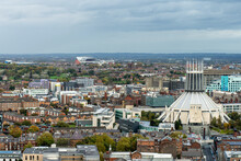The View Of The City Of Liverpool With The Liverpool Metropolitan Cathedral And The Anfield Stadium In The Distance