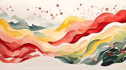 Christmas wave watercolor wavy abstract illustration. Red, green, yellow happy cartoon snow wave background for winter holiday travel. Wavy water web banner minimalism backdrop, graphic for copy space