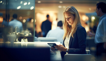 Woman looking at her cell phone in office.