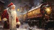 Santa Claus In Red Outfit Walking Beside A Vintage Train On A Snowy Night, Festive Town In The Background.