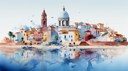 Wall Mural - Watercolor painting of Italian town