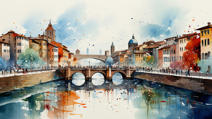 Sticker - Watercolor painting of Italian town