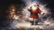 Santa Claus standing amidst a snowy storm, holding a lantern illuminating his path.