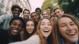 Fototapeta  - Multi ethnic student guys and girls taking selfie outdoors. Happy lifestyle friendship concept with young multicultural people having fun day together