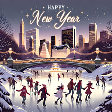 New Year Greeting Card With People On A Skating Rink Surrounded By Skyscrapers