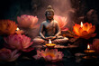 A buddha statue sitting on top of a glowing lotus flower. Generative AI
