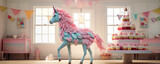 Pink unicorn with pink play house decoration for kids. Magic style.