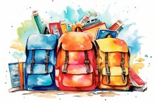 Colorful School Backpacks And Supplies On A White Background With A Light Watercolor Painting Of Back-to-school Vibes. Generative AI