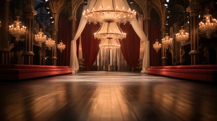 Wall Mural - A lavish runway, Adorned with velvet curtains and vintage chandeliers.