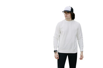 Poster - Man wearing white sweatshirt or hoodie, baseball cap and glasses. Sweatshirt or hoodie for mock up, logo designs or design prints with free space