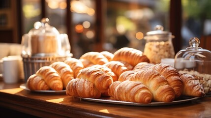 Poster - Baguette bread bun donuts croissants at small cozy coffee shop.