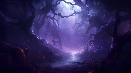 Wall Mural - Magical forest in fog with purple light