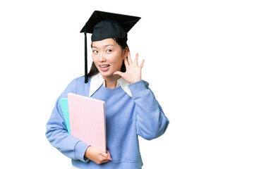 Wall Mural - Young student woman over isolated chroma key background listening to something by putting hand on the ear