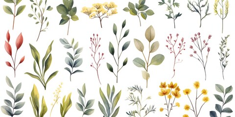 Wall Mural - Hand drawn vector watercolor set of herbs, wildflowers and spices..
