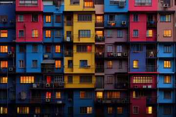 Wall Mural - Colored residential building facade with balconies. Bright front view apartments with windows. Real estate in city