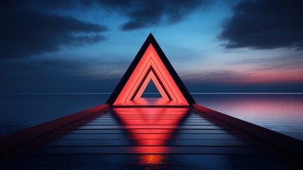 Sticker - Generative AI, minimalist island paradise with geometric neon light bridge, futuristic landscape